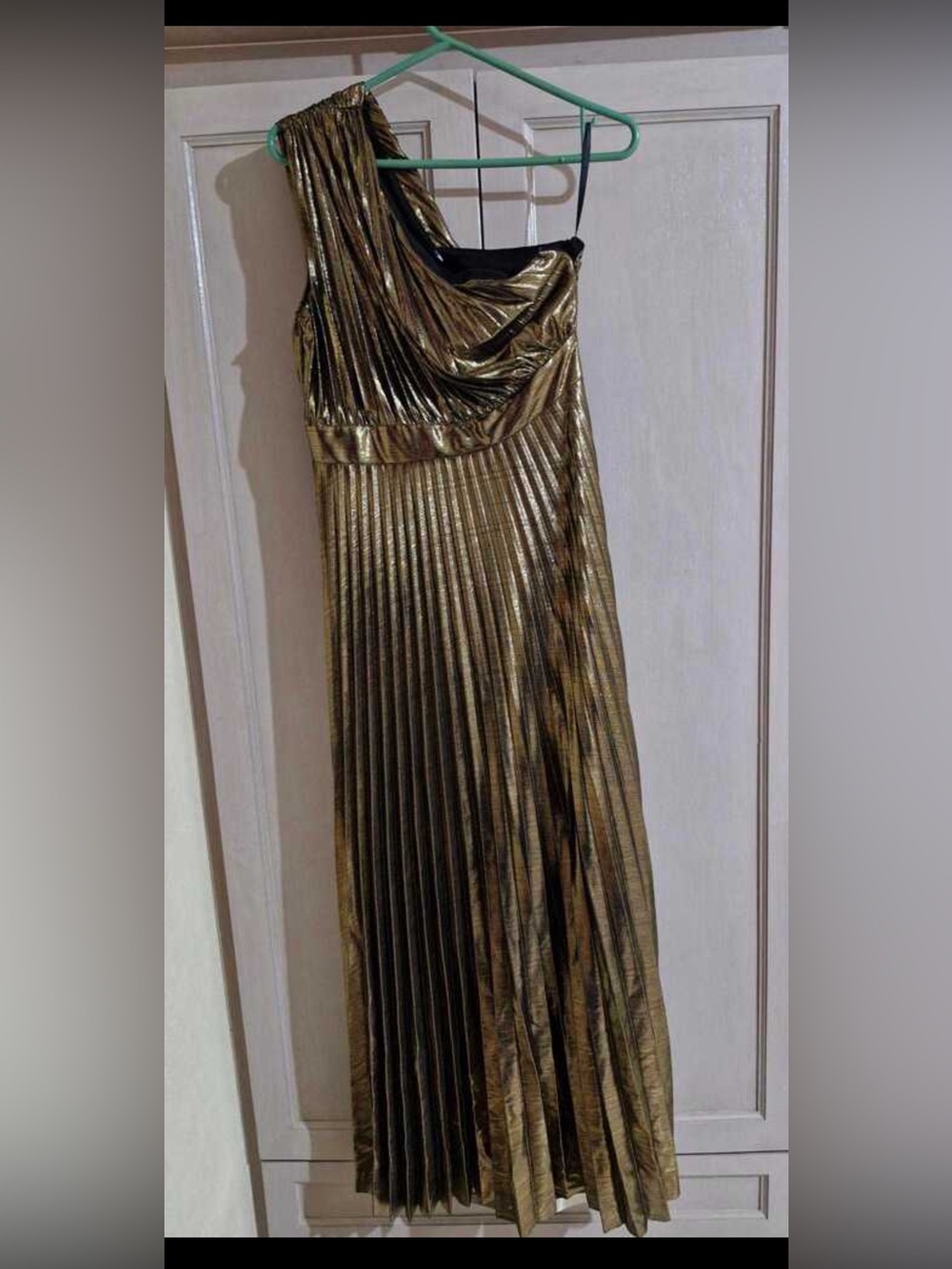 99- Elegant Shiny Gold Asymmetrical Neck Maxi Party Dress Pleated - Picture 7 of 9